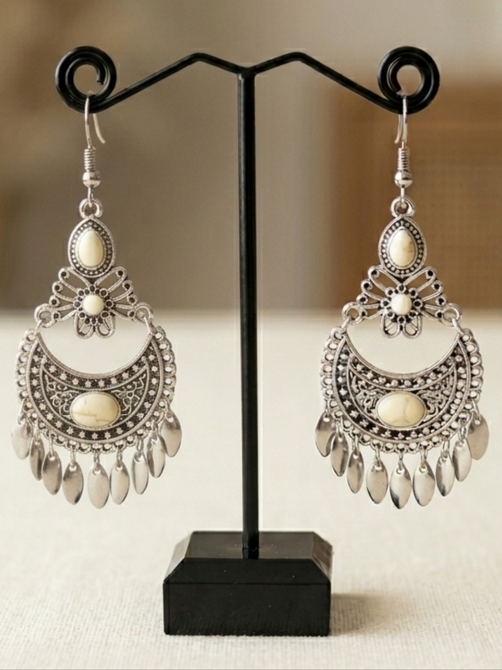 Big boho long silver & white dangle chandelier earrings NWT